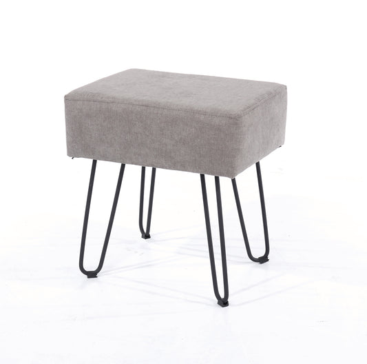 grey fabric upholstered rectangular stool with black metal legs