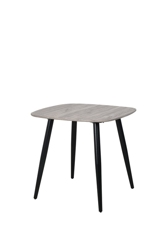 square dining table, grey oak effect with black tapered legs