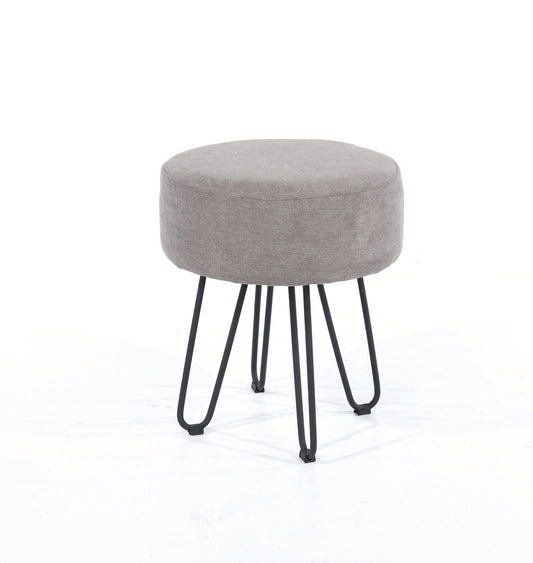 grey fabric upholstered round stool with black metal legs