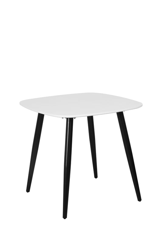 square dining table, white painted top with black tapered legs