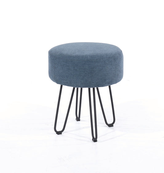 blue fabric upholstered round stool with black metal legs