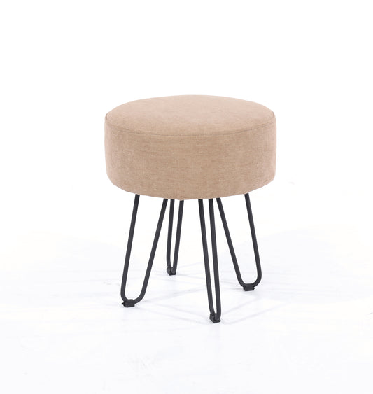 sand fabric upholstered round stool with black metal legs